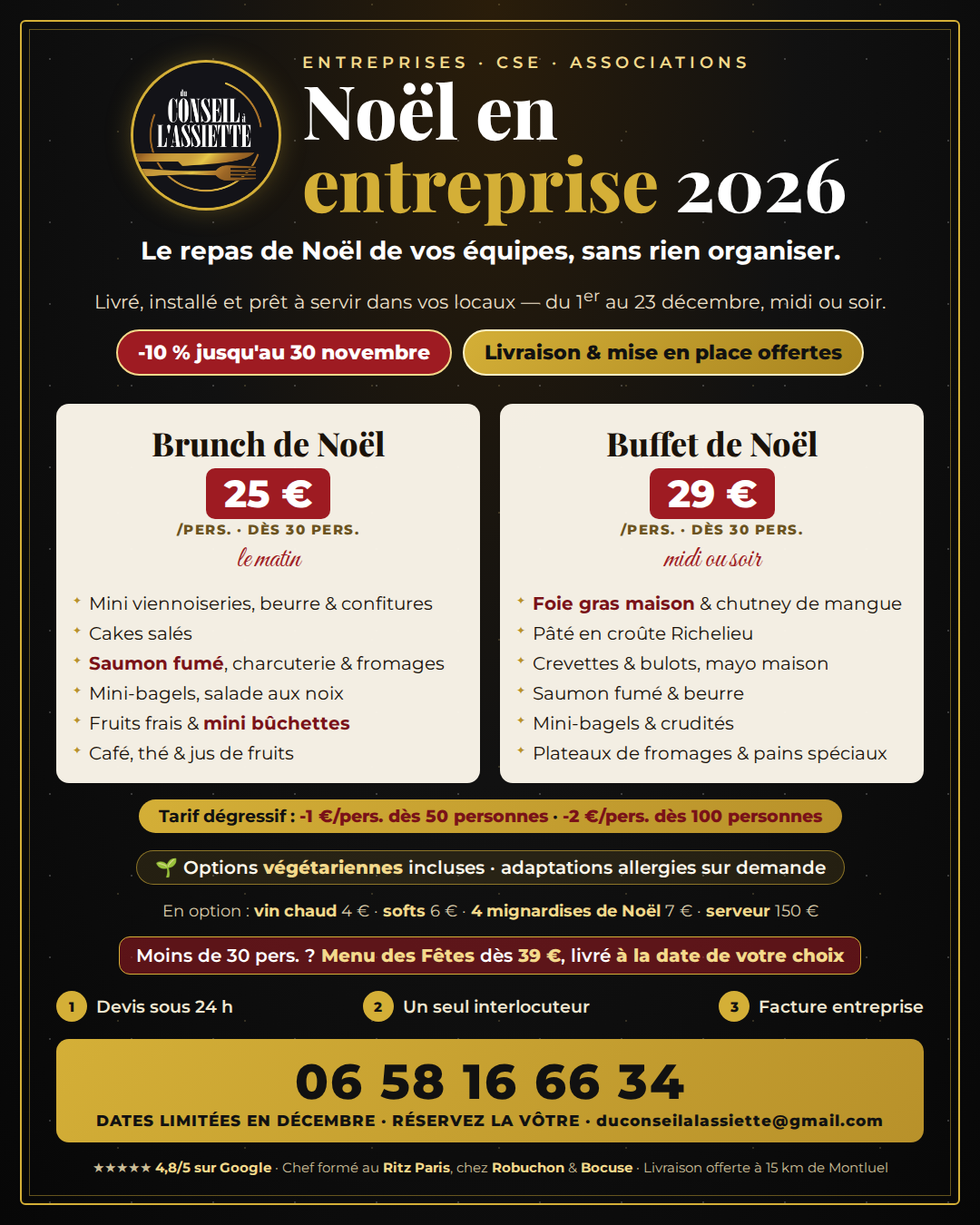 Buffet et brunch de Noël pour entreprises, CSE et associations – traiteur Du Conseil à l'Assiette, Montluel