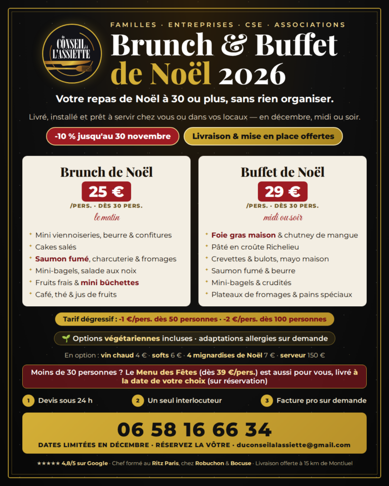 Affiche Brunch & Buffet de Noël 2026 dès 30 personnes : familles, entreprises, CSE, associations – traiteur à Montluel