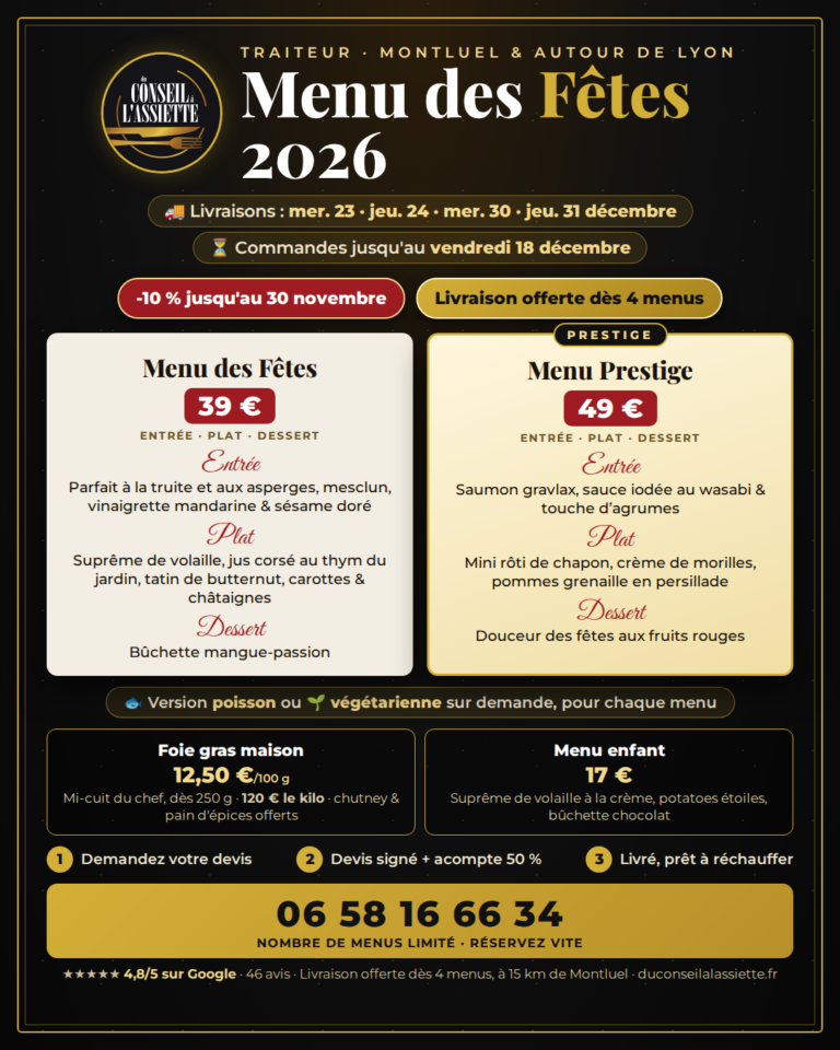 Menu des Fêtes 2026 : menu de Noël et du Nouvel An livré, traiteur à Montluel