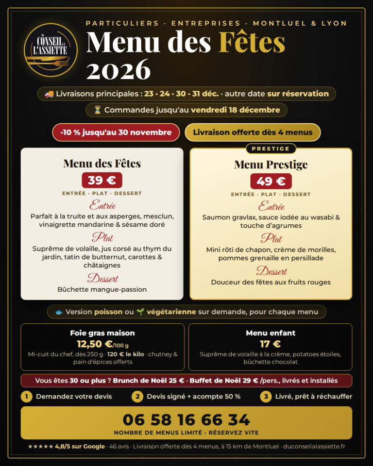 Affiche Menu des Fêtes 2026 : menus de Noël et du Nouvel An dès 39 €, livrés autour de Montluel